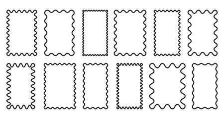 Squiggle frames set. Zigzag wavy edges, retro frames, psychedelic rectangles, photo frames, text boxes, tags, labels. Vector groovy shapes set. Wave and curvy borders.