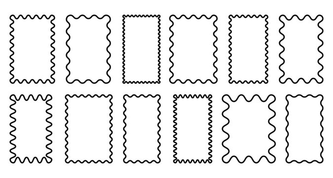 Squiggle frames set. Zigzag wavy edges, retro frames, psychedelic rectangles, photo frames, text boxes, tags, labels. Vector groovy shapes set. Wave and curvy borders.