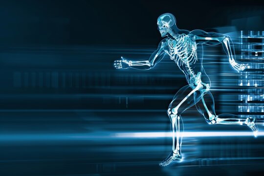 Orthopedic technology illustrated by a running man with skeleton view