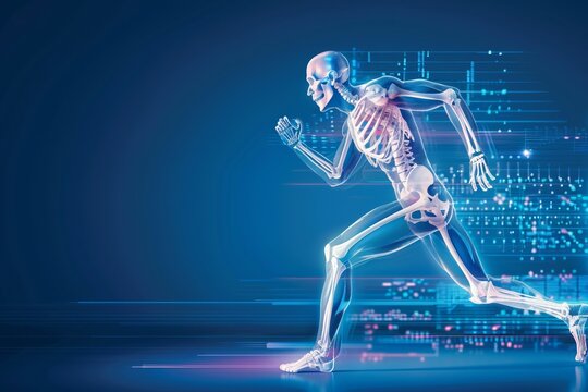 Orthopedic technology illustrated by a running man with skeleton view