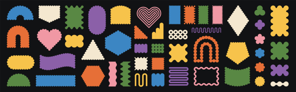 Set of scallop edge shapes. Retro brutalism figures, squiggle forms, zigzag borders, groovy frames. Vector futuristic elements of memphis style.