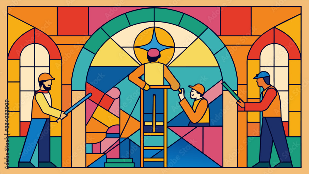 Poster the intricate details and layers of color within the design of the stained glass window revealing it