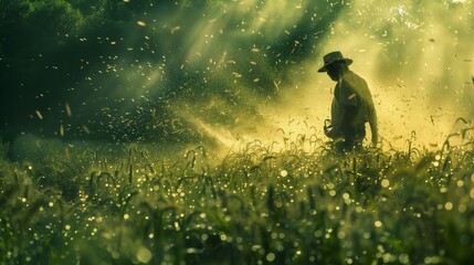 Man Weedeating Field