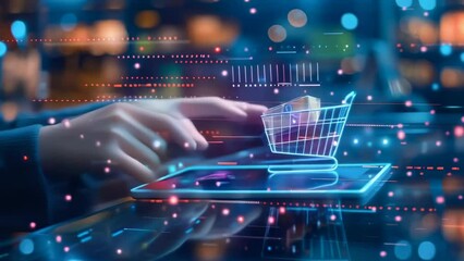 An individual's hands type on a tablet in the evening. A small digital shopping cart hovers above the screen, surrounded by bokeh lights and digital effects, conveying online shopping.