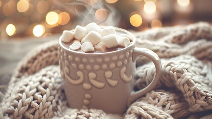 Cozy Night In Capture a steaming mug of hot chocolate with marshmallow 