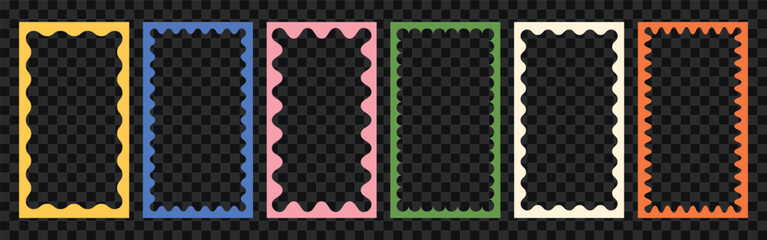 Color squiggle stories frames set. Zigzag wavy edges, retro scallop frames, psychedelic rectangles, photo frames, text boxes, tags, labels. Vector groovy shapes set