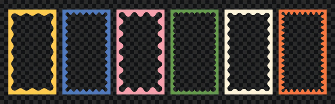 Color squiggle stories frames set. Zigzag wavy edges, retro scallop frames, psychedelic rectangles, photo frames, text boxes, tags, labels. Vector groovy shapes set