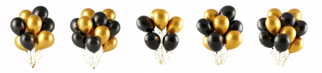 Set of golden and black festival balloons in groups isolated on white background, decoration for birthday, party, christmas, celebration, graduation