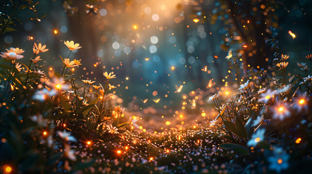 Close-up of a whimsical fairy garden with glowing fireflies and blooming flowers, nestled within a magical forest illuminated by soft moonlight, providing an enchanting background for fantasy