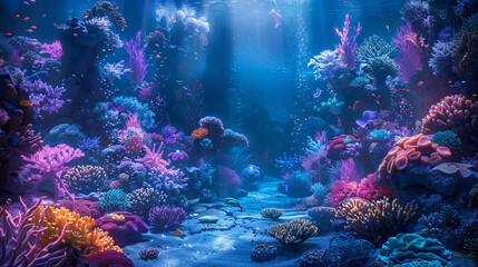 A panoramic view of a fantastical underwater kingdom with vibrant coral reefs and exotic sea creatures, bathed in the soft glow of bioluminescent algae and shimmering sunlight, offering an enchanting
