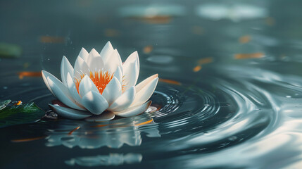 Lotus flower floating on calm water, with abstract reflections and ripples creating a tranquil and meditative atmosphere inspired by Buddhist symbolism.