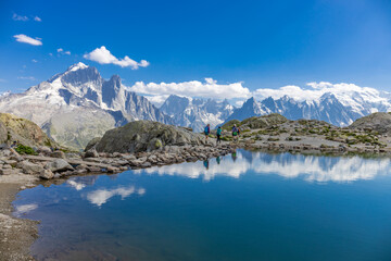 Chamonix Montblanc beautiful alpine mountain summits landscape. Alps mountains with snow and glacier above green valley of Chamonix in France. Alps beautiful scenery in summer