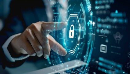 Businessman finger touch on laptop screen with bank security hologram and online carrying icon