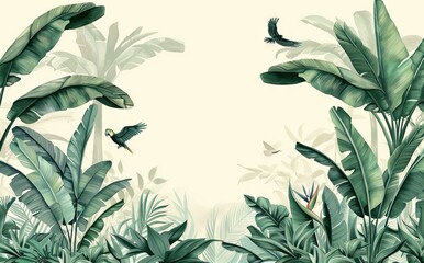 Illustration of tropical wallpaper print design with palm banana leaves and birds on canvas texture. Tropical plants and birds on textured background. AI generated illustration