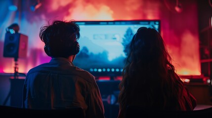 Man and Woman Watching TV in Dark Room