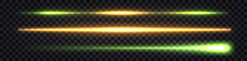 Neon light glowing streaks, laser beams with thunder bolt. Yellow and green color lines, dynamic flash light. Straid borders or dividers. Vector isolated transparent © Amarylle