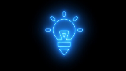 Glowing blue light bulb symbol on black dark background. Sign, neon lights. Idea, creativity concept. 3d rendering.