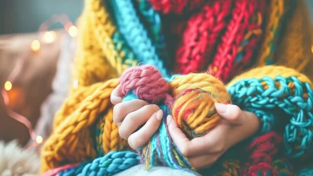 A close-up of hands holding colorful knitted yarn. The person is wrapped in a multi-colored knit blanket. The scene appears warm and cozy, suggesting a relaxed indoor setting, possibly during autumn