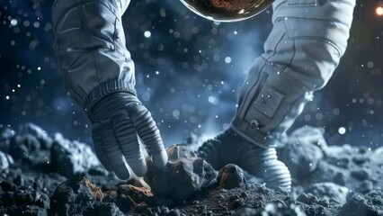 An astronaut in a white space suit gathers rock samples on the moon's surface under a starry night sky. The scene exudes a sense of exploration and discovery, capturing the essence of space missions.