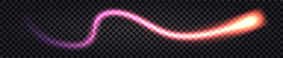 Neon glow wave swirl with synthwave purple fiery light glowing effect.  Laser beam with thunder bolt, electric flash burst. Vector isolated transparent on dark background © Amarylle