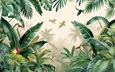 Illustration of tropical wallpaper print design with palm banana leaves and birds on canvas texture. Tropical plants and birds on textured background. AI generated illustration