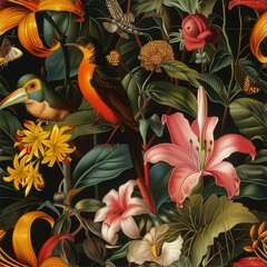 Seamless repetitive tropical forest full of beautiful flowers and birds, nature background
