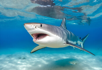 Fototapeta premium Great white shark in deep blue water.