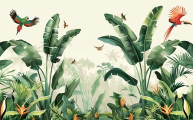 Illustration of tropical wallpaper print design with palm banana leaves and birds on canvas texture. Tropical plants and birds on textured background. AI generated illustration