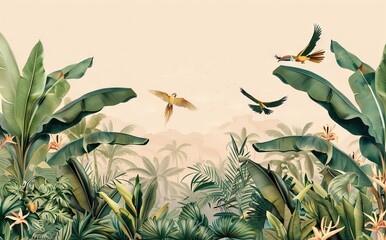 Illustration of tropical wallpaper print design with palm banana leaves and birds on canvas texture. Tropical plants and birds on textured background. AI generated illustration
