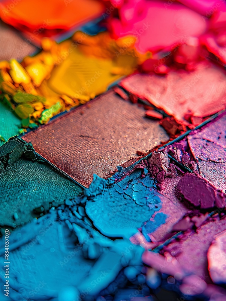 Poster close-up of a colorful palette of paint with bright, vibrant colors and visible texture. generative 