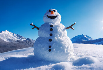 Obraz premium Funny snowman in winter mountain scenery. Merry christmas and happy new year.