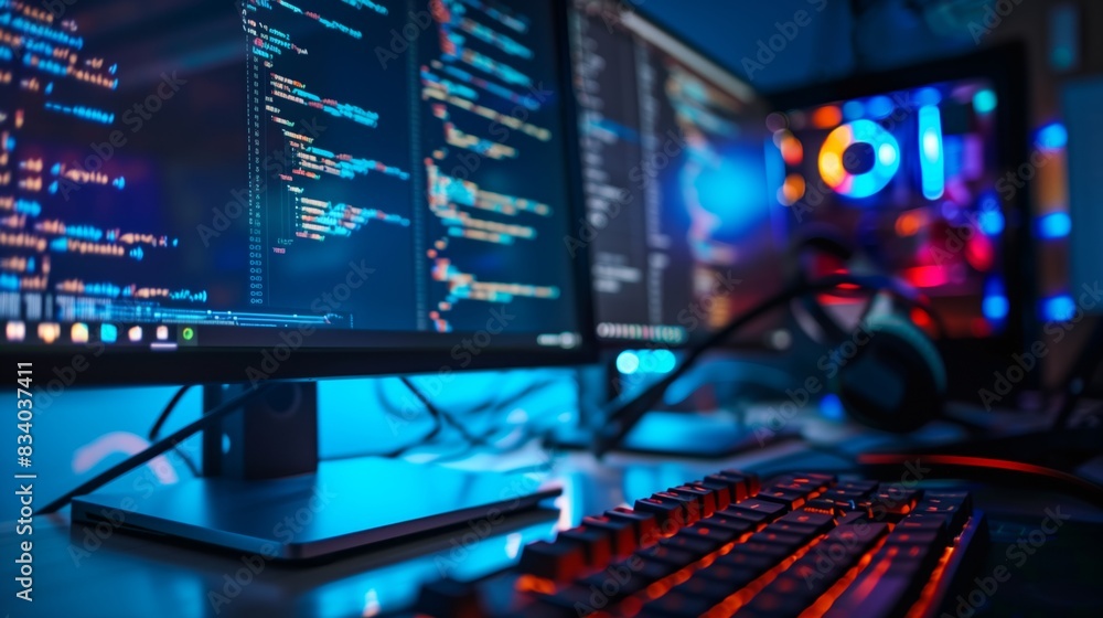 Poster computer monitor and keyboard on desk