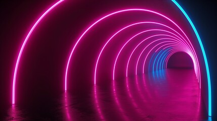 Pink and blue neon arches forming a dynamic wave pattern against a black background, highlighting their luminous glow.