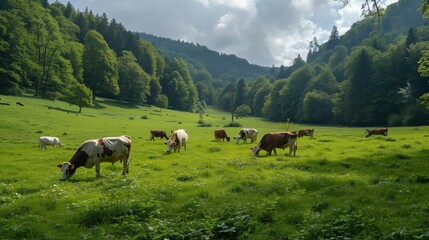 Obraz premium Cattle Grazing on Green Hillside