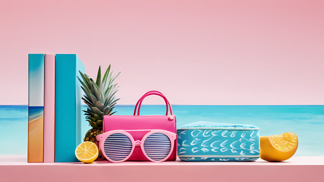 Arrangement featuring a stylish stack of books, beach bag, and sunglasses on a table, providing a feel of summer's leisure activities with copu space for a card