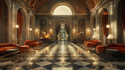 Obraz premium Exquisite 3D depiction of Art Deco luxury, showcasing a sumptuous interior with rich textures, sleek lines, and geometric shapes, exuding sophistication and refinement, all captured in a cinematic