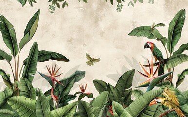 Illustration of tropical wallpaper print design with palm banana leaves and birds on canvas texture. Tropical plants and birds on textured background. AI generated illustration
