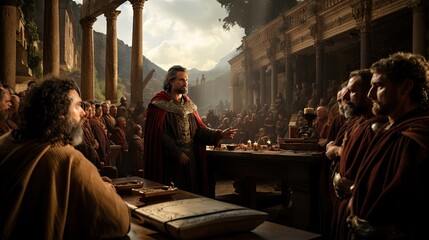 An ancient philosopher delivers a compelling speech to an engaged audience in a historical setting