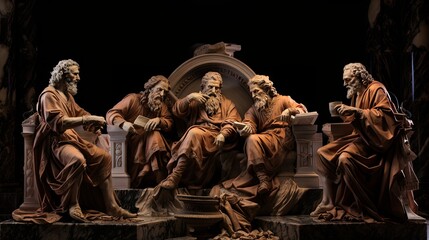 Lifelike statues of renaissance figures engaged in discussion set against a dramatic dark backdrop