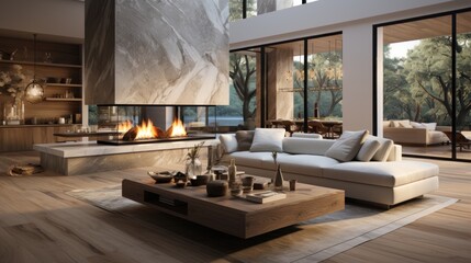 Exquisitely designed living room with a modern fireplace, large windows and a stunning wooded view