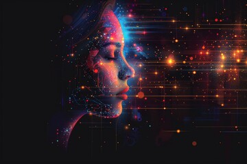 Vector illustration of the artificial intelligence concept with a brain and digital elements, flat design on a black background, vector illustration for a web banner