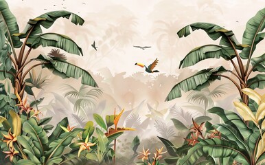 Illustration of tropical wallpaper print design with palm banana leaves and birds on canvas texture. Tropical plants and birds on textured background. AI generated illustration
