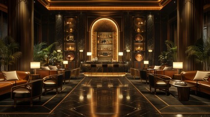 Elegant 3D render of Art Deco luxury, featuring a stylish cocktail lounge with sleek furniture, geometric decor, and soft lighting, embodying the glamour and sophistication of the Jazz Age, presented