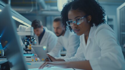 Diverse Engineers in Lab Coats Working on Laptop