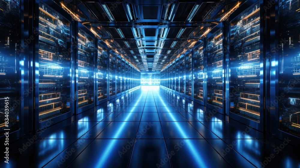 Poster this image showcases a corridor flanked by high-tech server racks with vibrant blue lights, symboliz