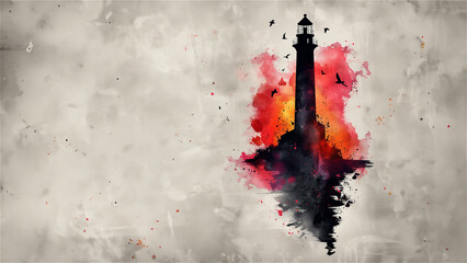 Black silhouette of a lighthouse against the backdrop of a red-orange sunrise, the main background is uneven gray, drawing in watercolor technique. Copy space. High quality photo