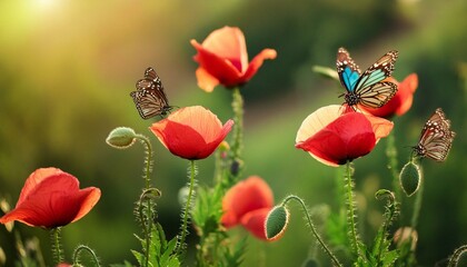 Fototapeta premium summer background with poppies; flying butterflies on a red flower