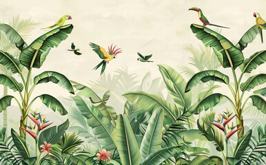 Illustration of tropical wallpaper print design with palm banana leaves and birds on canvas texture. Tropical plants and birds on textured background. AI generated illustration