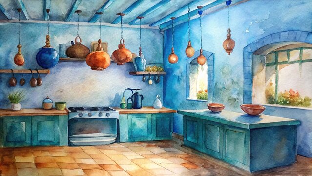 Mediterranean kitchen in Spanish home with sea-blue cabinets, terracotta tiles, and copper pots hanging above island, Mediterranean, Spanish, kitchen, sea-blue, cabinets