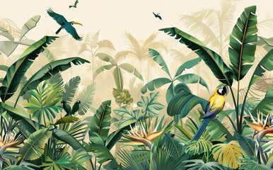 Illustration of tropical wallpaper print design with palm banana leaves and birds on canvas texture. Tropical plants and birds on textured background. AI generated illustration